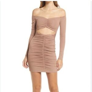 Naked Wardrobe XL Taupe Ribbed Cutout Ruched Off Shoulder Bodycon Mini Dress New